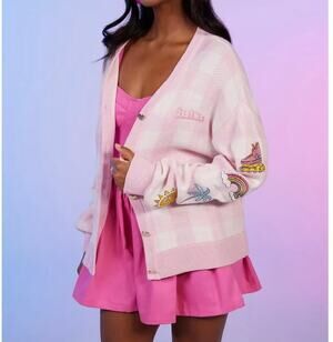 Barbie The Movie Pink Cardigan XS Heart Buttons Graphic Sleeve Sweater